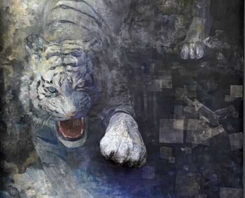 北埜杏侑「月光」F100、岩絵具、⽔⼲絵具、 ジェッソ、モデリン グペースト、銀箔、 雲肌⿇紙