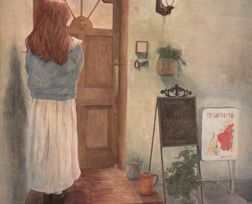 上野莉穂「期待」P100、岩絵具、水干絵具、ジェッソ、胡粉、銀箔、墨、高知麻紙