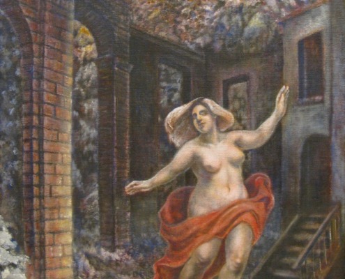 前田彩、「ひとりの舞台」、F100縦、油彩、テンペラ、麻布、パネル