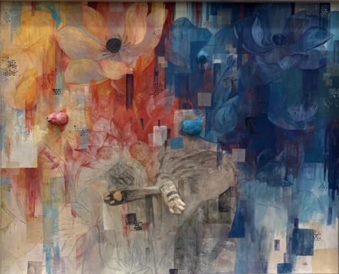 北埜杏侑「まどろみ」F100、岩絵具、⽔⼲絵具、 ジェッソ、モデリン グペースト、銀箔、 雲肌⿇紙